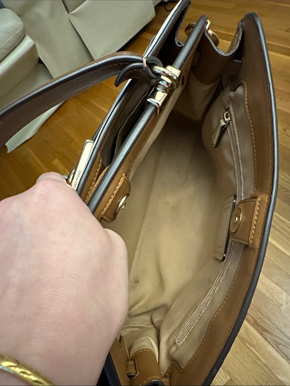 Coach Cream Leather Top-Handle Satchel with Turnlock - Picture 13 of 17
